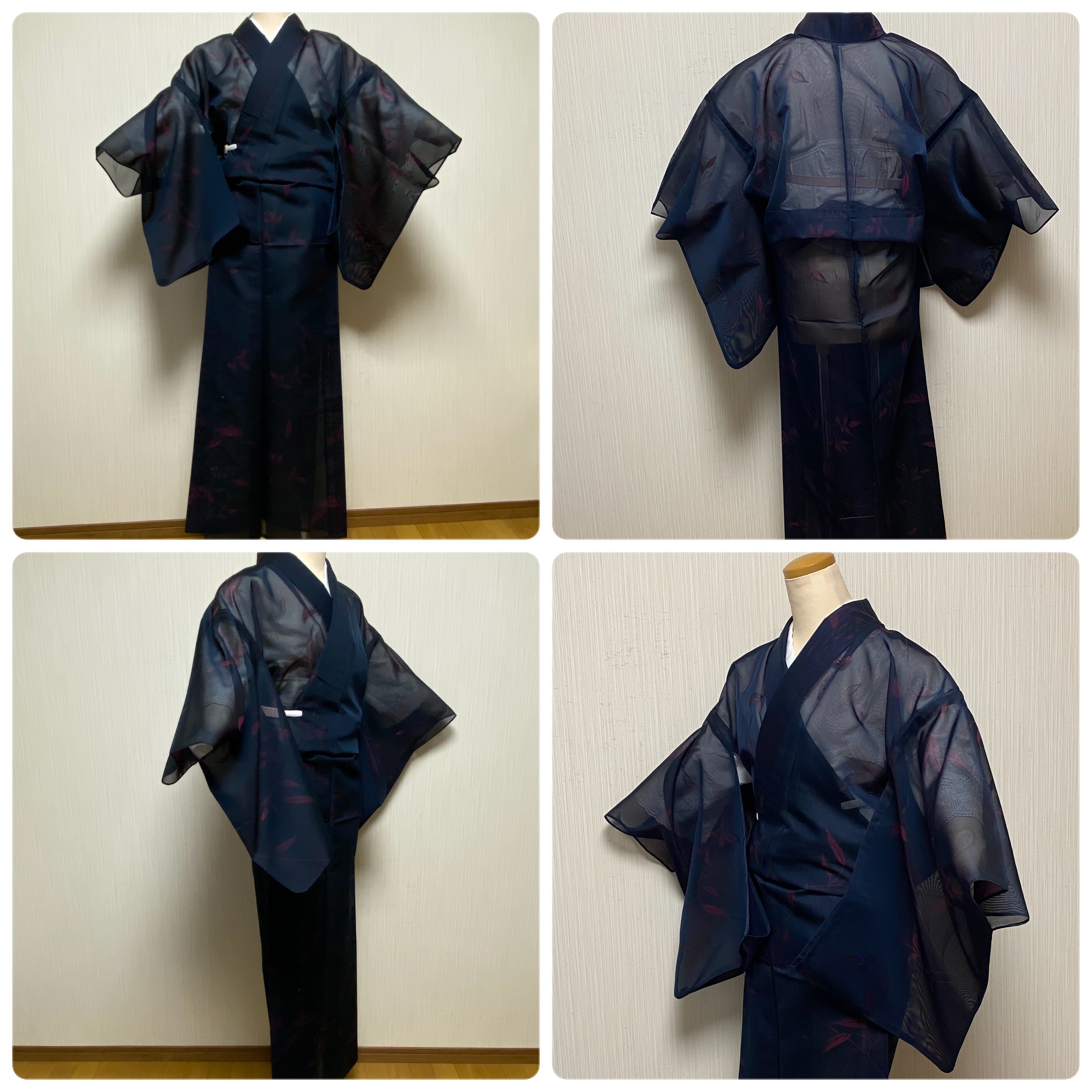 薄物 紗】小紋 夏着物 葉模様 リーフ 黒色 中紅色 清涼感 昭和レトロ