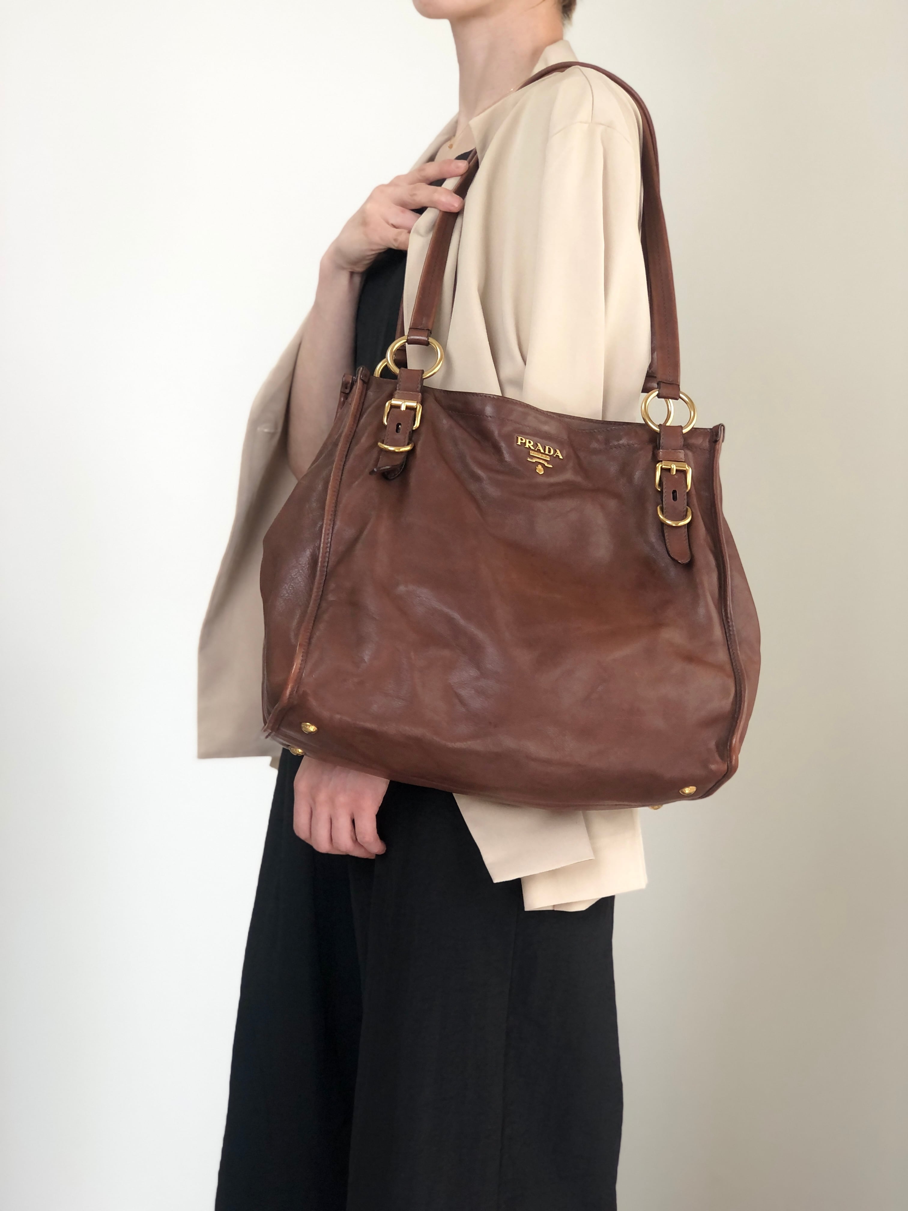 PRADA プラダ トートバッグ ブラウン ロゴ レザー vintage