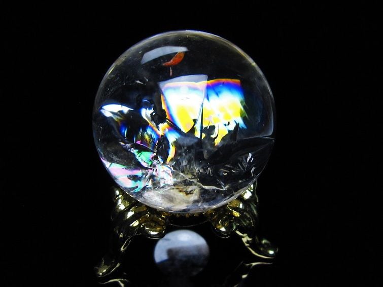 天然石虹あり　水晶のスフィア　丸玉　置物m.306 アイリスクォーツ 水晶 丸玉 虹入り 27mm 水晶玉 置物 スフィア 141