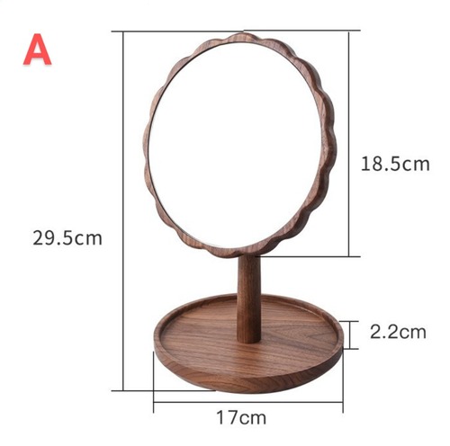 天然木 スカラップフレーム 卓上ミラー 角度調整 360度回転 化粧鏡 ジュエリートレー付き バニティミラー 木製 ナチュラル インテリア