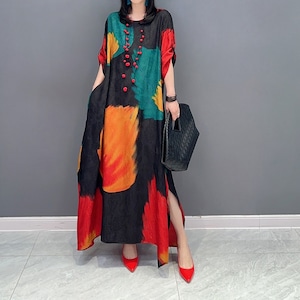 PRINT ROUND NECK 3/4 SLEEVES A-LINE MAXI DRESS 1color M-7123