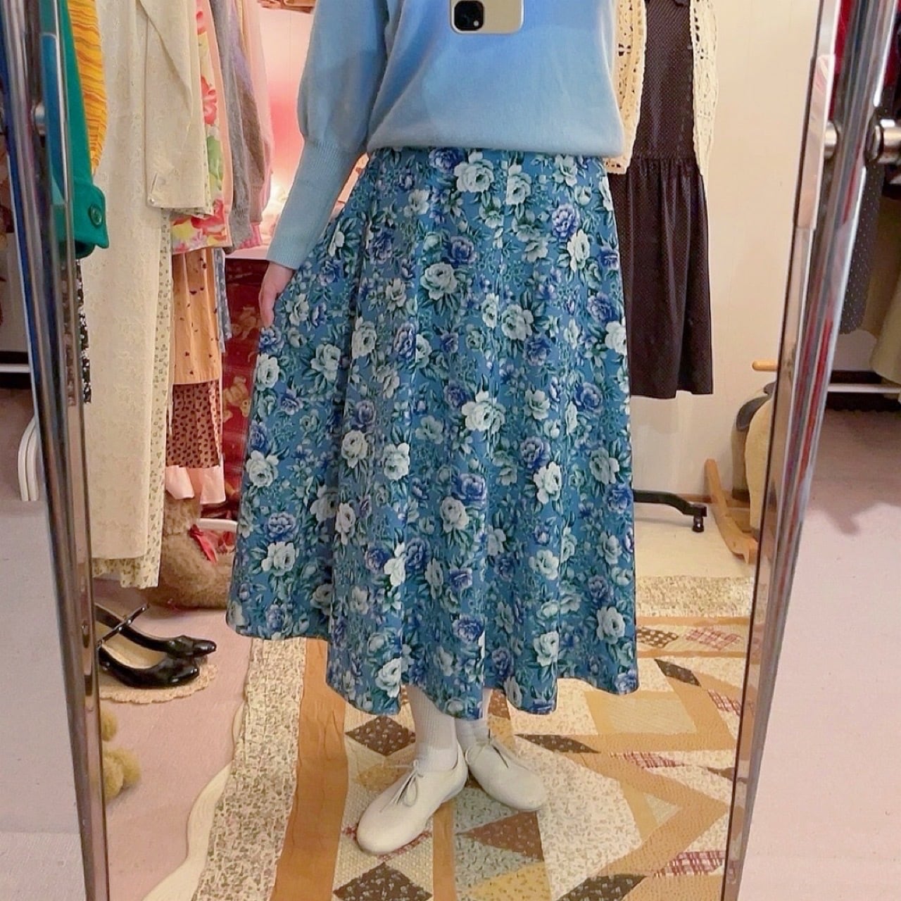 blue rose crepe long skirt