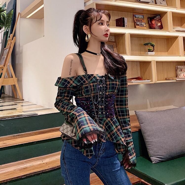 レトロ セクシー アシンメトリー チェック柄 オフショルダー シャツ 