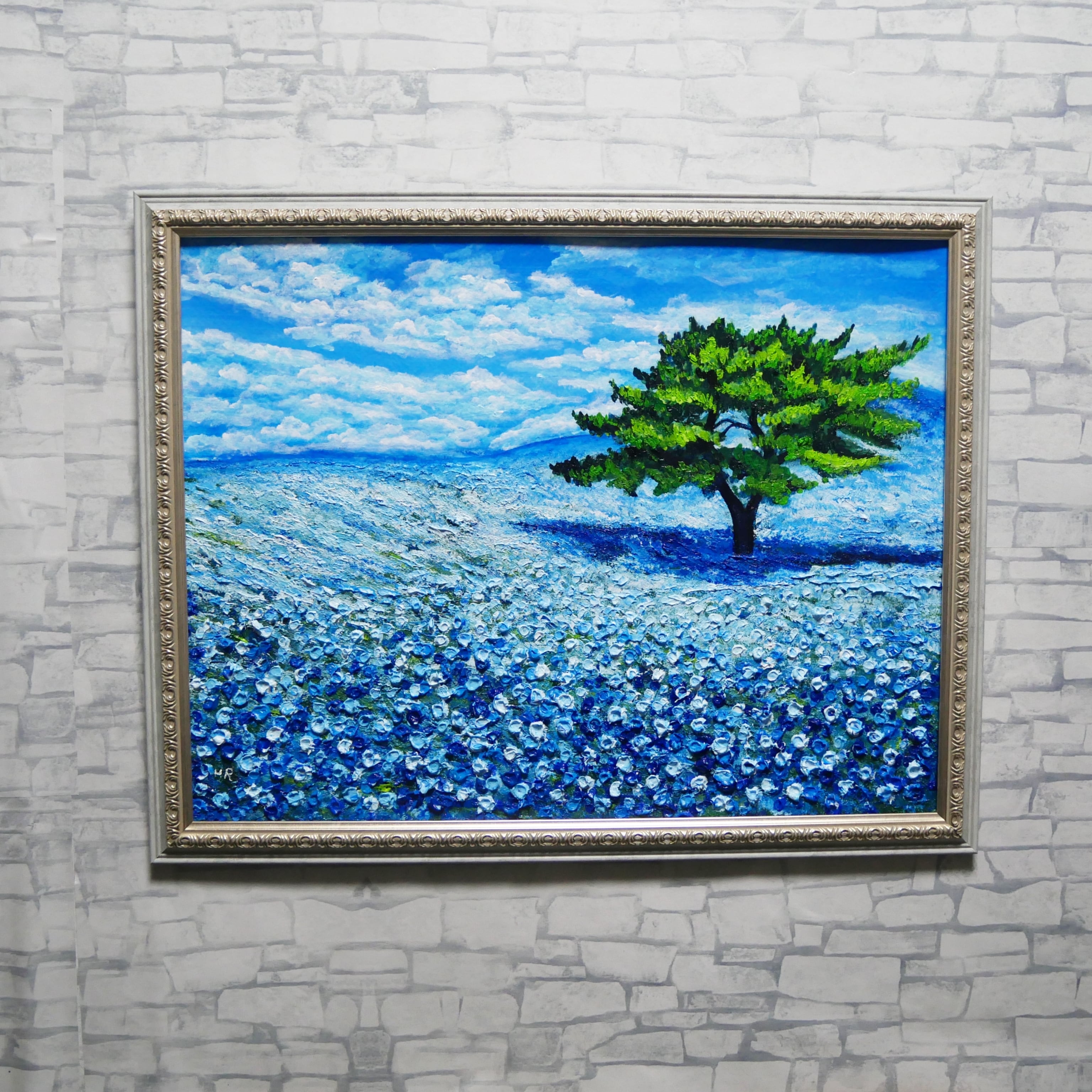 油絵 よっこ ふたつのうつわと青い花 油絵 よっこ ふたつのうつわと