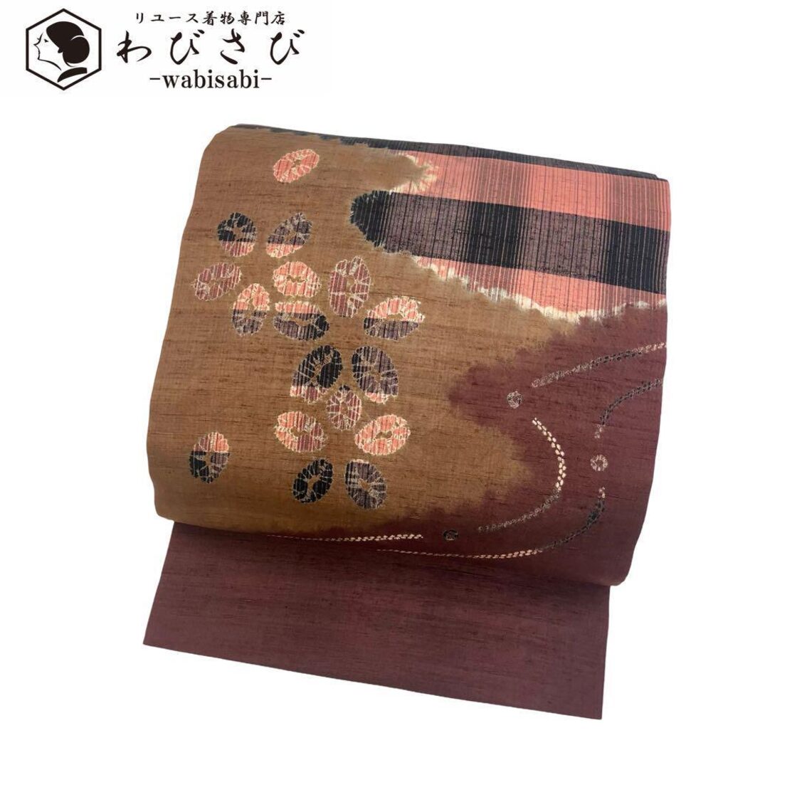 名古屋帯 絞りの花柄模様 紬 チェック柄 濃茶色 O-4118 | Pay ID 