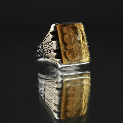Vintage Mens Cameo Ring Tiger Eye [STERLING --Gold Field] [1940s ~] Roman Knight