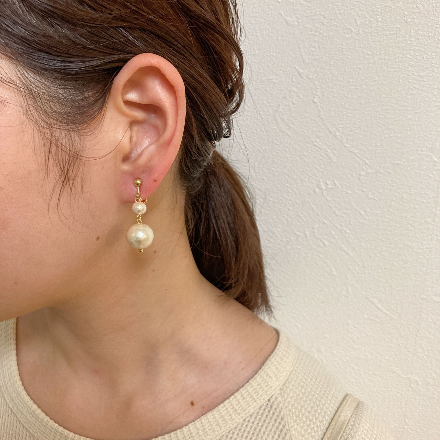 2連コットンパールの ピアス イヤリング Dua アクセサリーパーツショップ