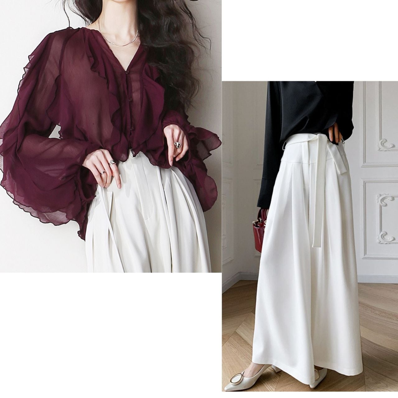 【2set】Sheer Ruffle Blouse & Pleated Wide Pants L00900