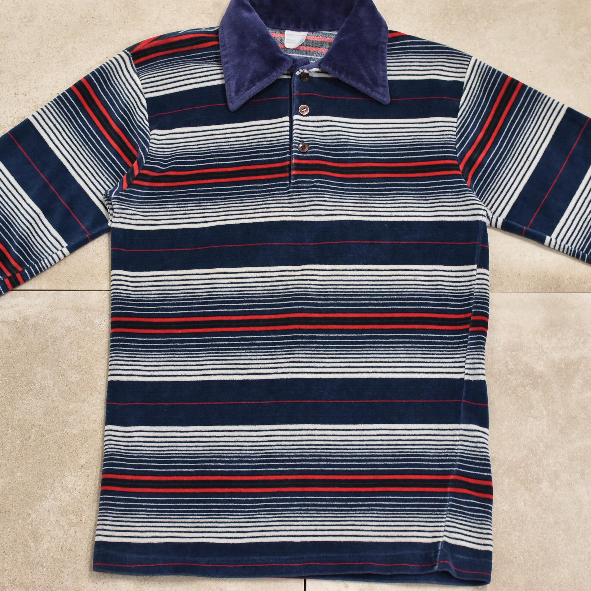 70s~ Vtg multi border velour polo shirt | 古着屋 grin days 70s~ Vtg multi border velour polo shirt | 古着屋 grin days