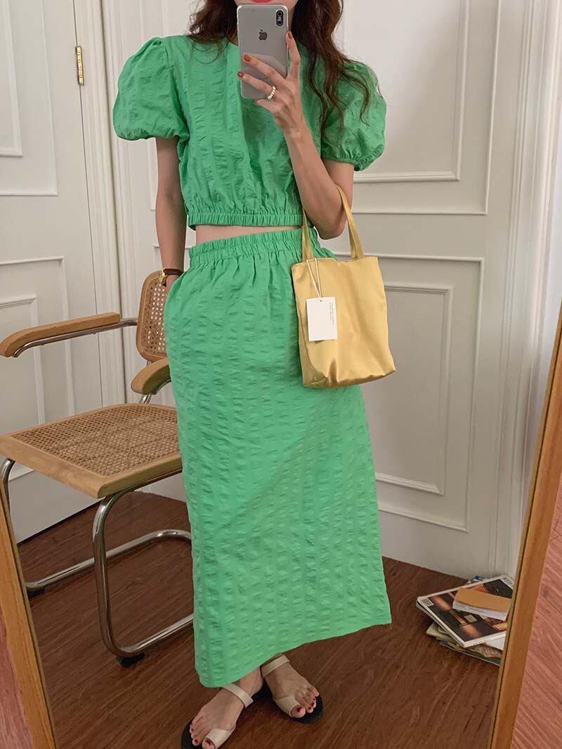 プリーツスリーブシャツ サマーカラーウェストスカート 夏物 ピュア ビッグFスモールZ韓国80825916591