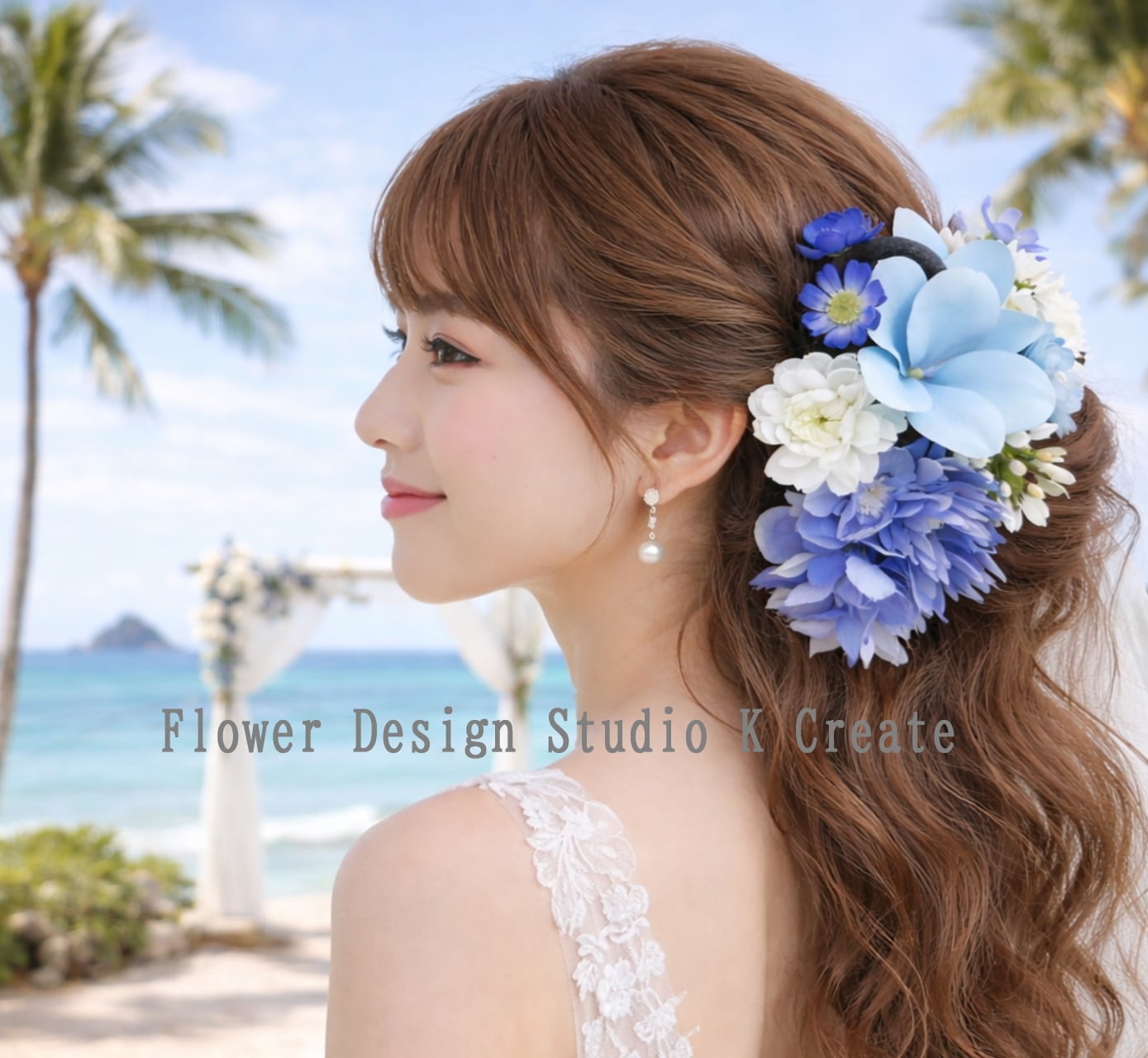 水色のプルメリアとスイートピーのヘッドドレス リゾ婚 髪飾り 結婚式 ウェディング 前撮り 海外挙式 プルメリア ブライダル ハワイ挙式 沖縄挙式 グアム挙式