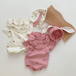 【BABY】夏作チェリー刺繍フリルネックロンパース耳帽子付き