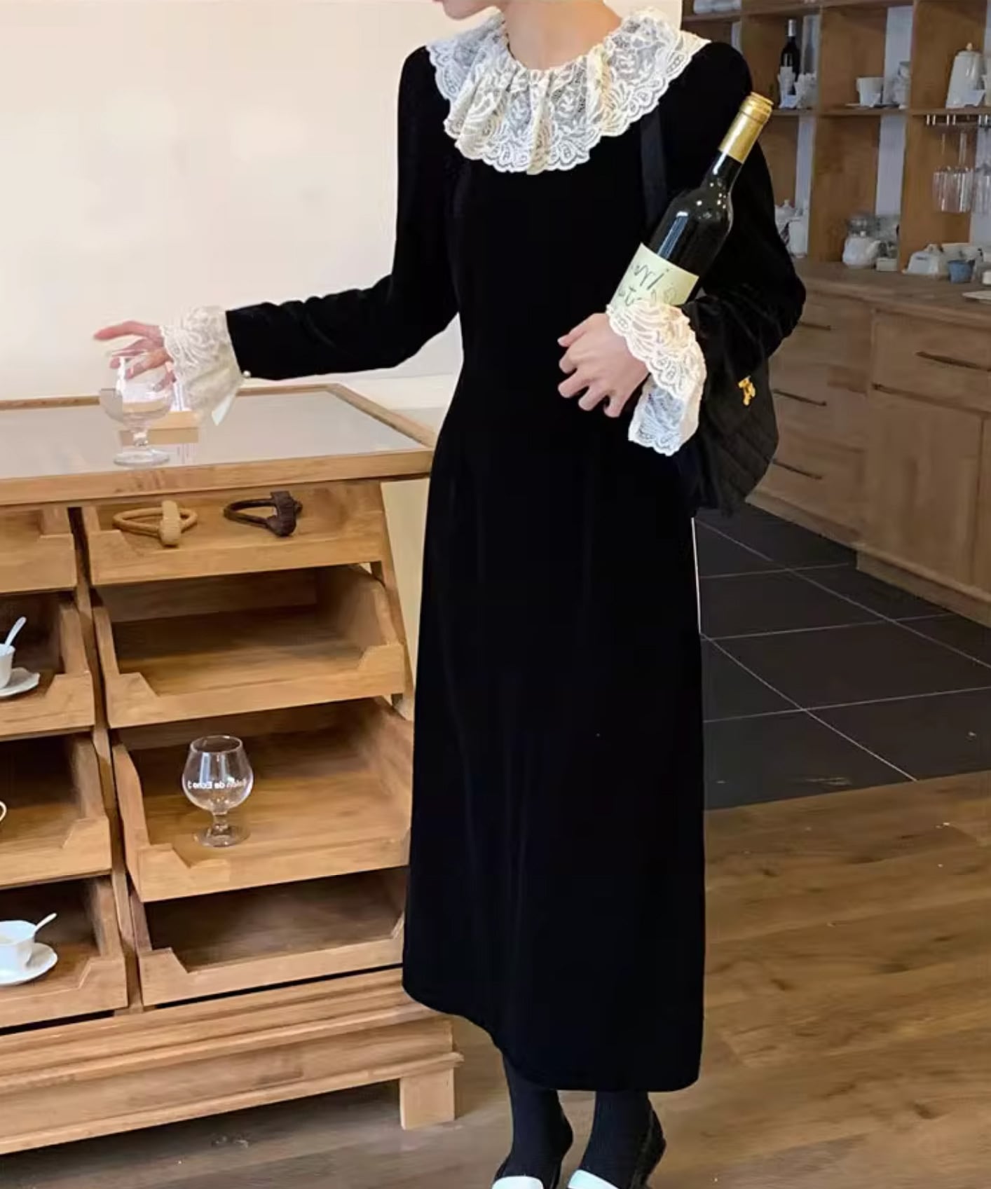 バックオープンベルベットレースカラーワンピース p0281 | poet