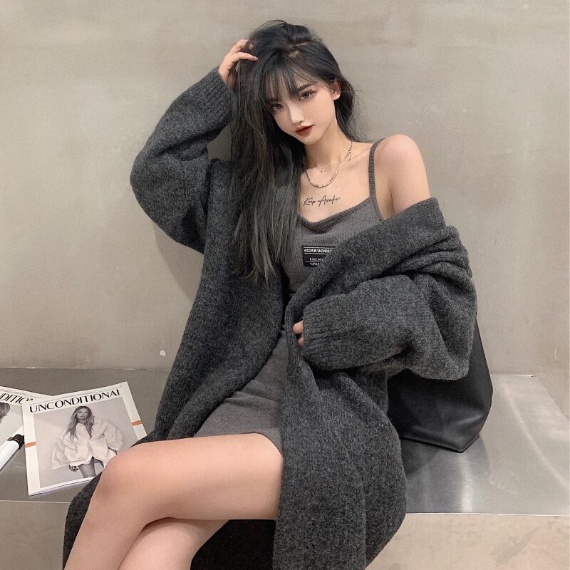 セーターカーディガンジャケットレディース秋冬厚手2020ルーズアウターウェアミドル丈レイジーニットトップス ブラックストロベリース13060392623