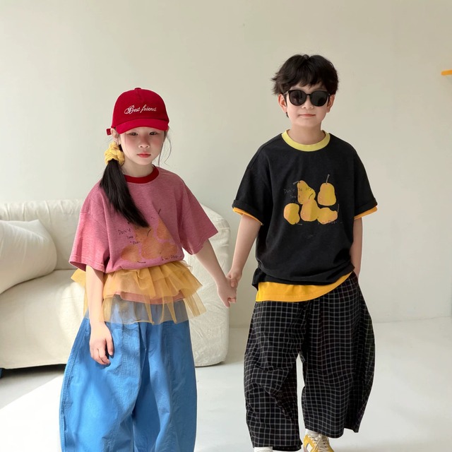 【KID】洋梨プリント配色クルーネック半袖Tシャツ - 4