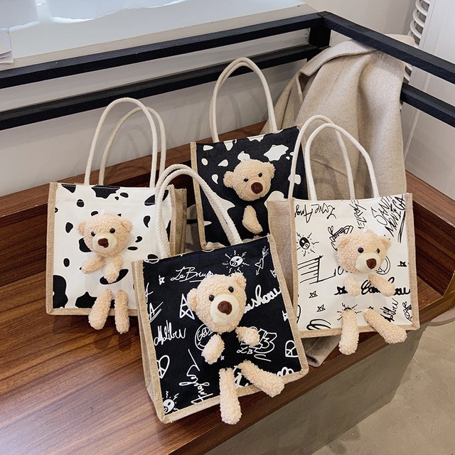 クマのぬいぐるみ付き 麻バッグ リネン ハンドバッグ キャンバスバッグ ミニバッグ ジッパー シンプル レトロ / Cute bear linen canvas handbag (DTC-632445318533)