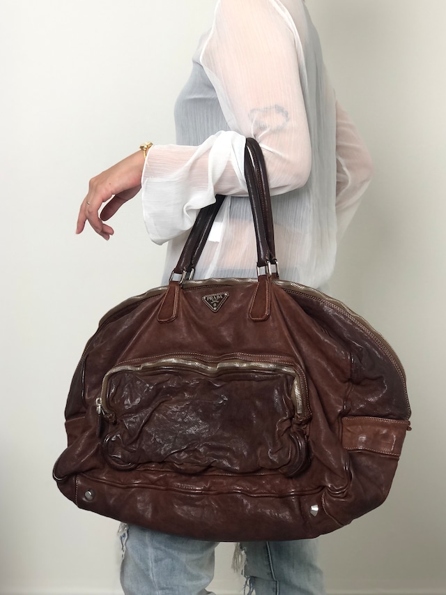 PRADA プラダ ハンドバッグ ブラウン トライアングルロゴ レザー ウォッシュドレザー ボストンバッグ vintage ヴィンテージ オールド 2umzpg