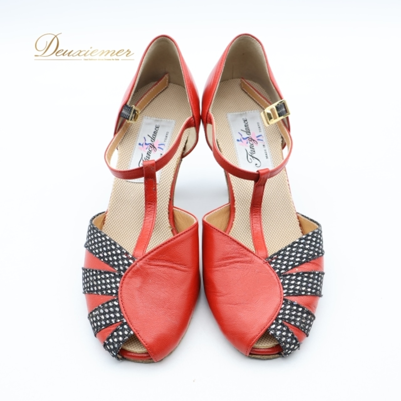 社交ダンス 衣装 シューズ 21 1/2サイズ レッド系 Fancy dance 日本製 靴 くつ ヒール 赤 黒 キラキラ オープントゥ ラテン レディース ストラップ 練習 レッスン 華やか 上品 かわいい ダンス衣装 ステージ イベント ブラック系