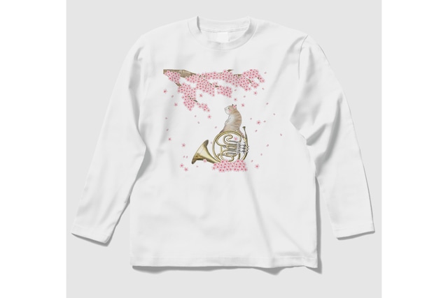 桜とホルン猫の長袖Ｔシャツ(白)