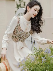 【0180】2sets Flower Vest Long Sleeve Dress