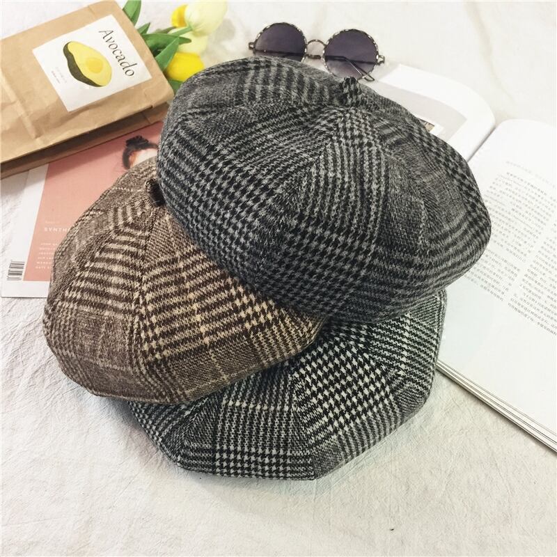 アートとレジャーの八角形の帽子の学生の野生の画家のつぼみの帽子のレトロな秋と冬の格子縞のベレー帽バージョン ブラック・アイド・ピーズ19721442738