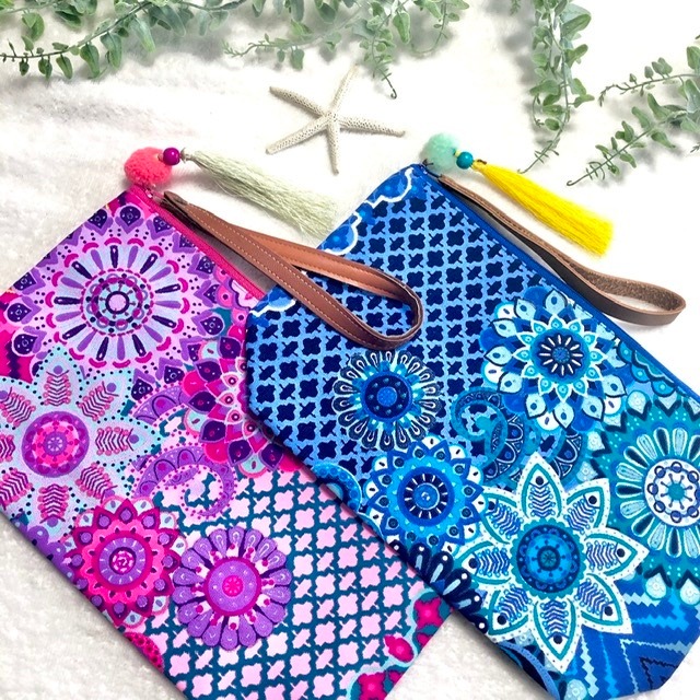 コスメポーチ L❤️ミックスフラワーブルー×イエロータッセル