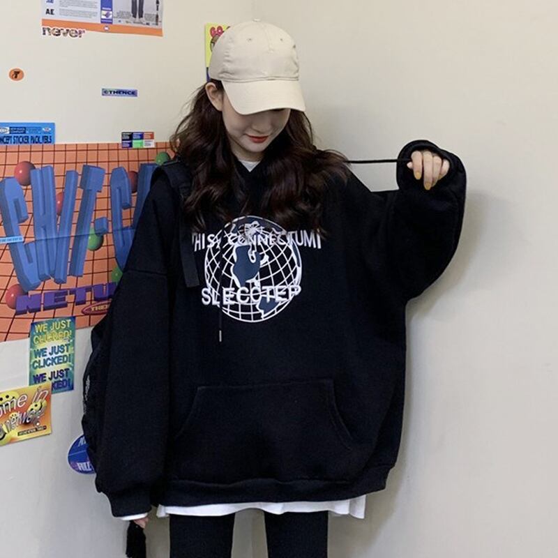 ブラックフードスウェット スプリングオータムベルベットルーズスタイルトップス ロング 春物 秋物 スーパーモール25057848520