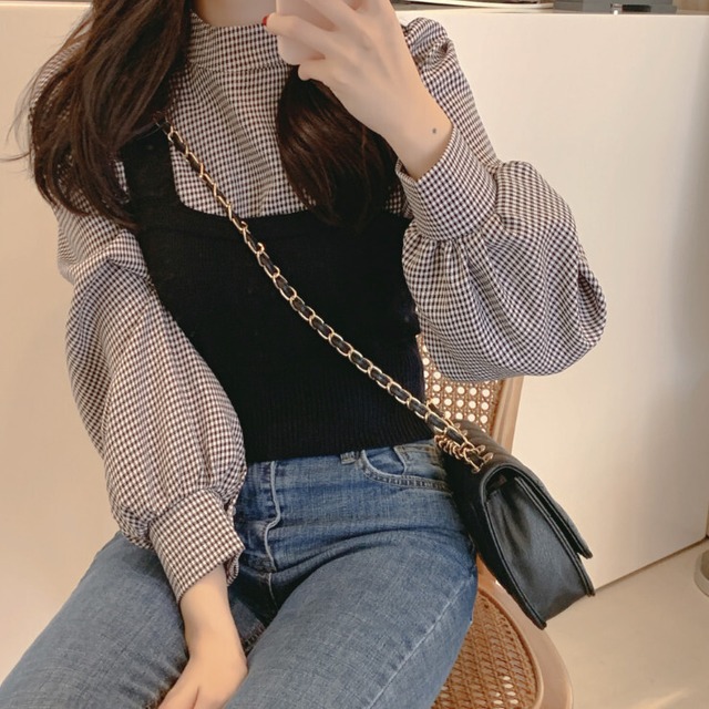 トップス レディース ブラウス ビスチェ パフスリーブ セット ツーピース お得 かわいい 大人可愛い きれいめ シンプル カジュアル 大人 上品 おしゃれ お洒落 レトロ 大人女子 こなれ感 ラフ ガーリー ルーズ 個性的 チェック柄 春 秋 10代 20代 30代 女性用 デート お出かけ 女子会 休日 旅行 着回し 普段使い 重ね着 韓国 韓国系 オルチャン ファッション コーデ スタイル モテ 楽ちん フリーサイズ ブラック モノトーン 送料無料