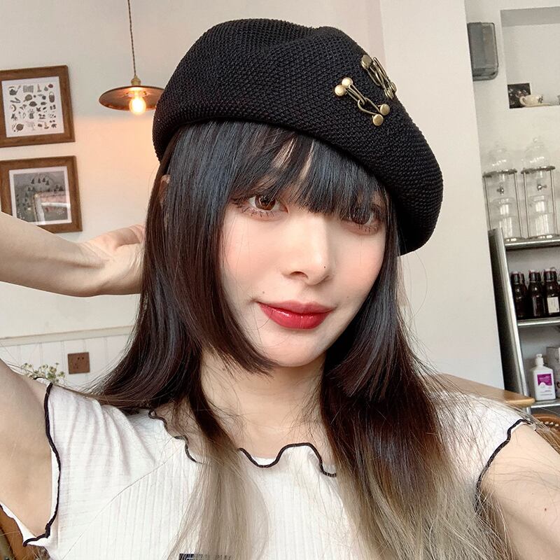 ブラックサマー薄手スタンダード レトロ 帽子 夏物 ベレット ヘアアクセサリー ブラック・アイド・ピーズ82831509707