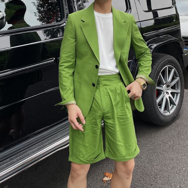 【予約販売】メンズ セットアップ スーツ 無地 長袖 ハーフパンツ カジュアル スリム スタイリッシュ シンプル 韓国 男前 ブラック/ホワイト/グリーン ジャケット セット セットアップ ビジネス 通勤 フォーマル パーティ 二次会 同窓会 結婚式 韓国 こなれ感 トレンド 春 夏 大きいサイズ M/L/XL/2XL/3XL