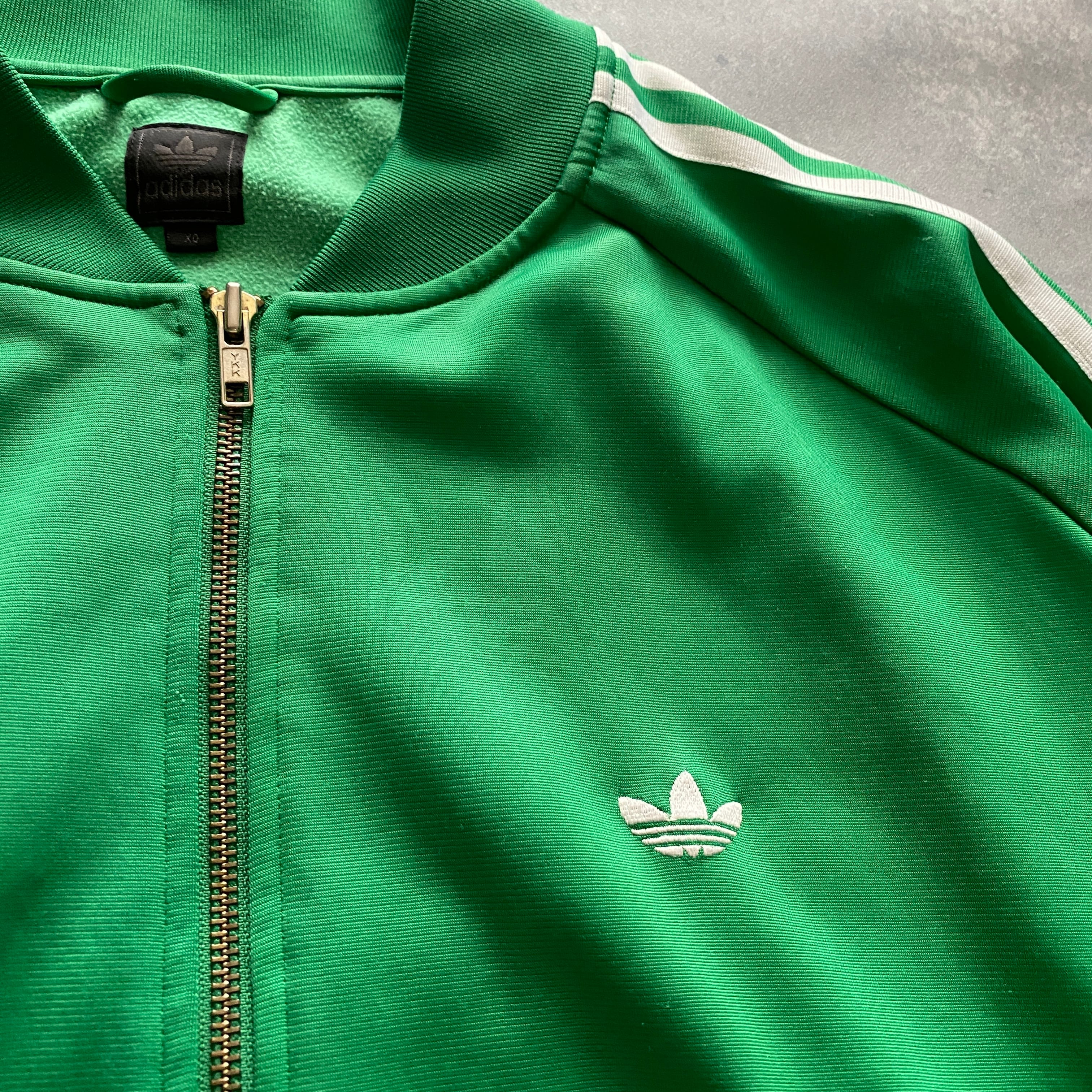 【レア70s】adidas刺繍ロゴ ジャージトップス緑 トレフォイルブルゾン