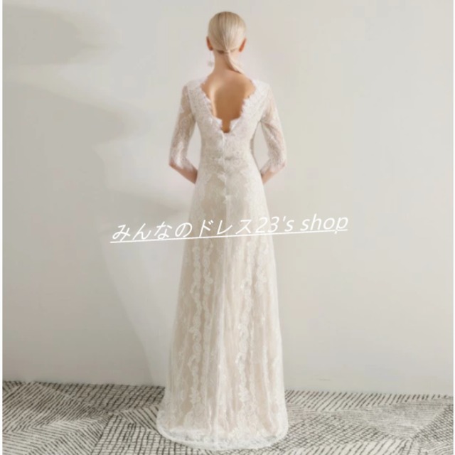 シャンパン色 ウエディングドレス 3D立体レース刺繍 結婚式 Vネック