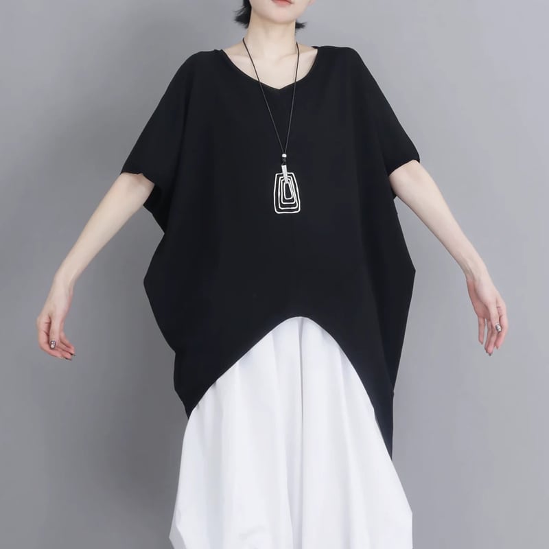 Vネック 半袖 アシンメトリー裾 ゆったり カットソー 1color T0508