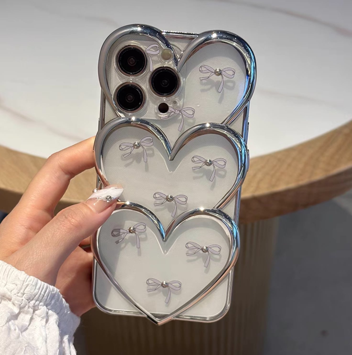 iPhoneケース iPhone15 iPhone14 3連ハート リボン ハート クリア