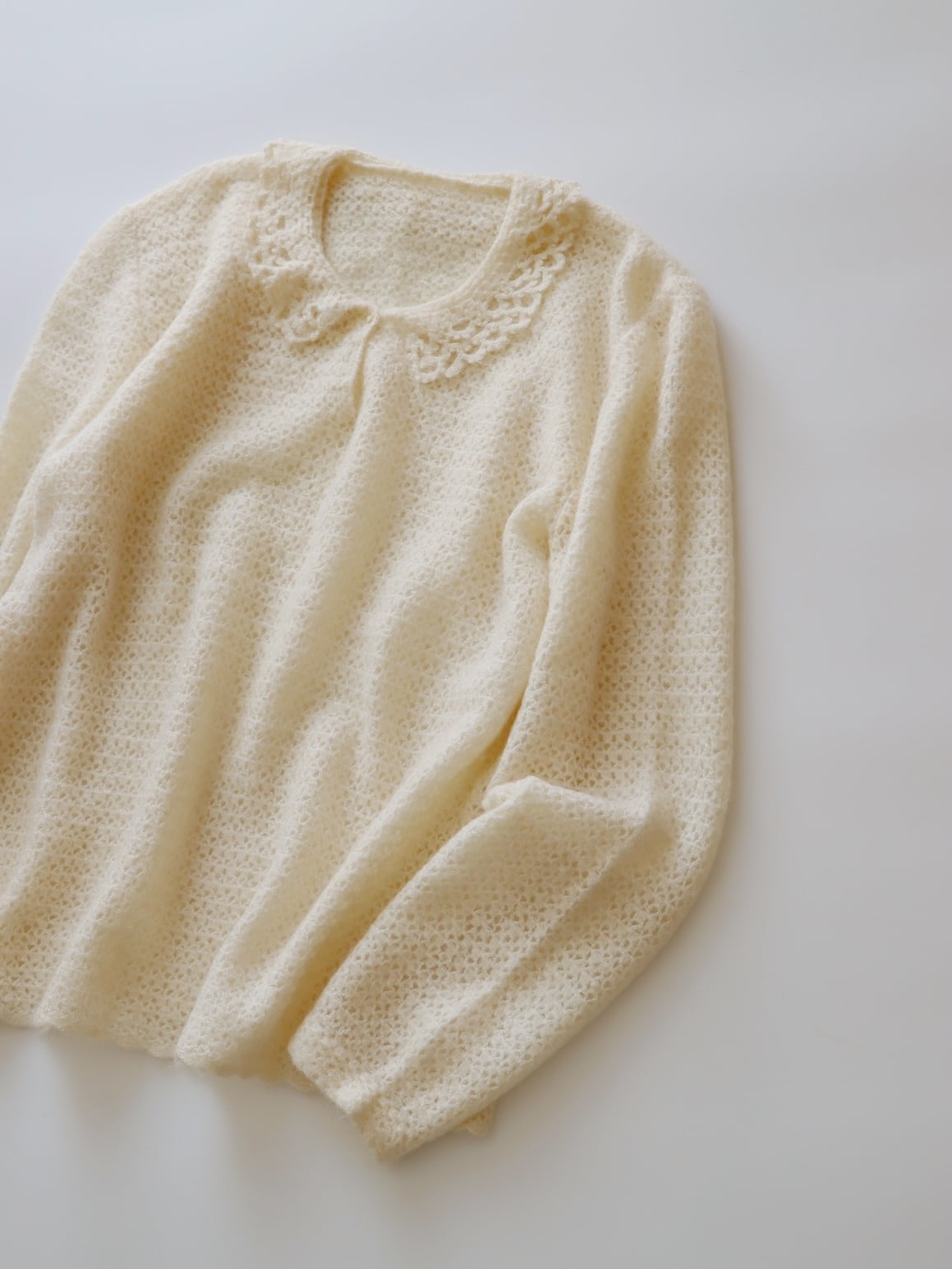 ●lace knitted collared design crochet long sleeve knit top