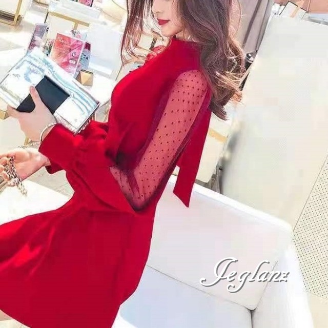 3色 パーティ ドレス ワンピース 異素材 レース 水玉 背中リボン （MA415）ζ