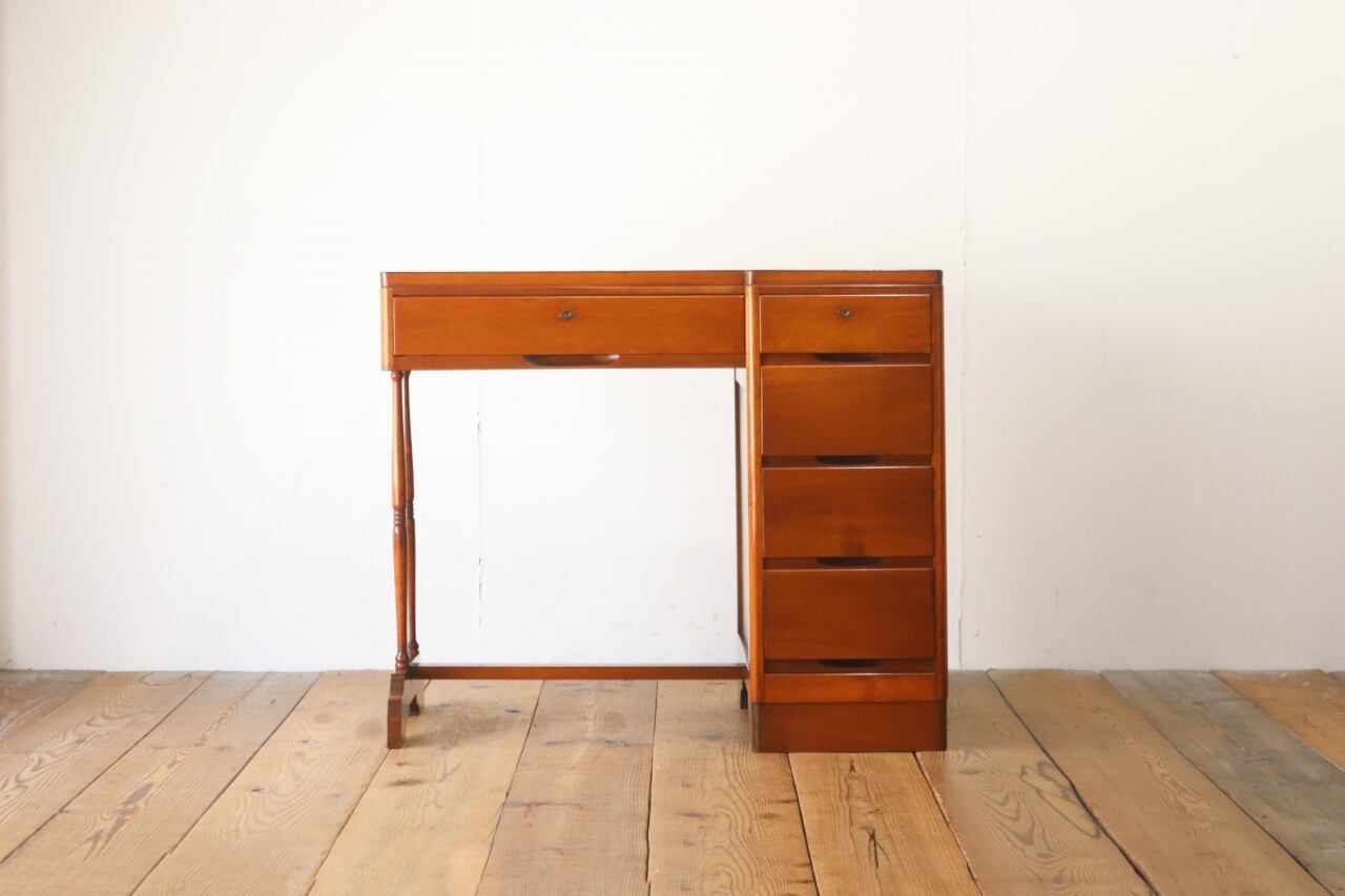 レトロ 片袖デスク 机 書斎 作業台 引き出し 抽斗 5杯 木製 古道具