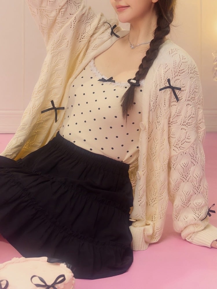 小さなリボンが奏でるフェミニンムード リボン付き バレエコアカーディガン 体型カバー 大きいサイズ 韓国 CH9983