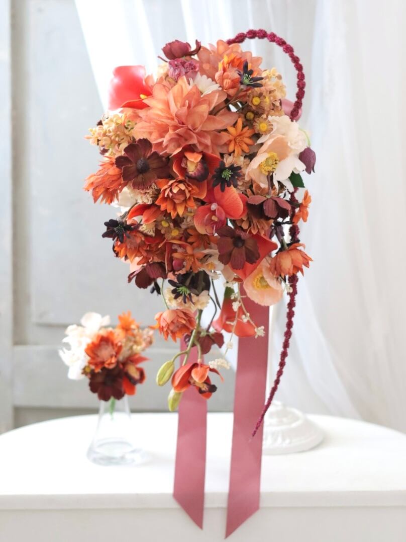 テラコッタキャスケードブーケブートニアセット ウェディングブーケ