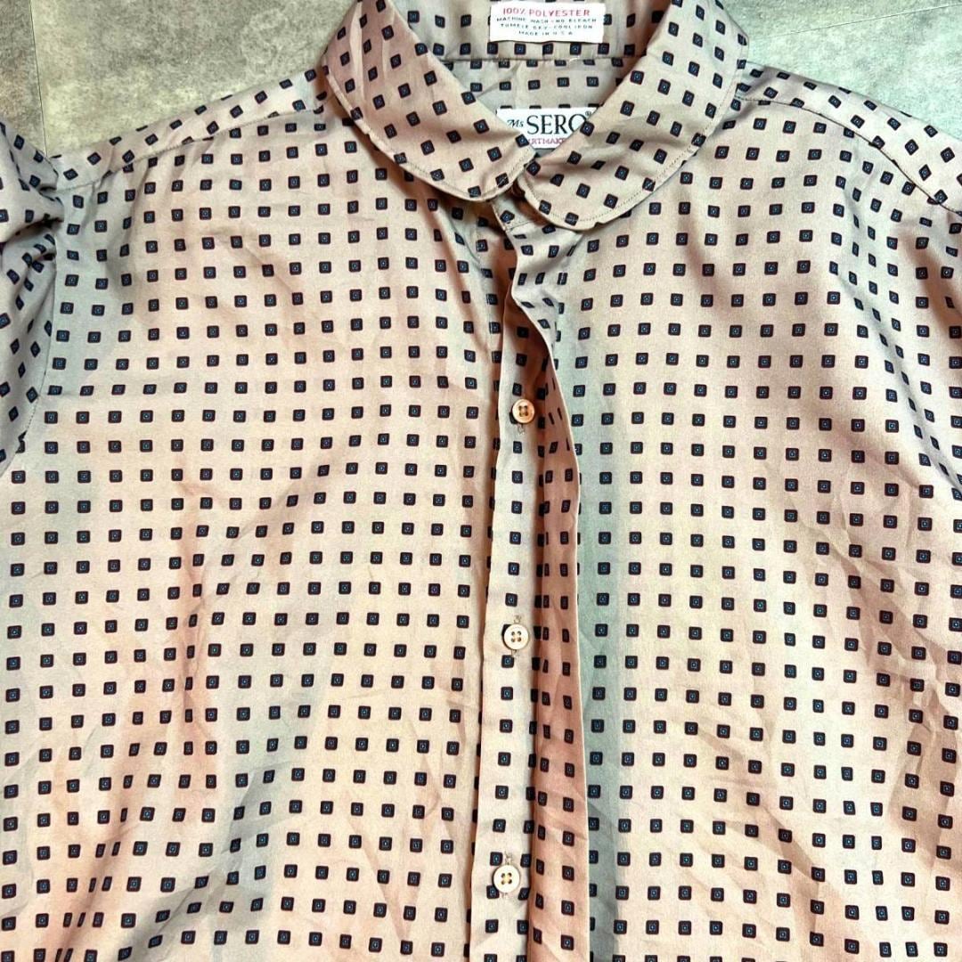 70S vintage 長袖　柄シャツ　綿　メンズM ネイビー　　個性派