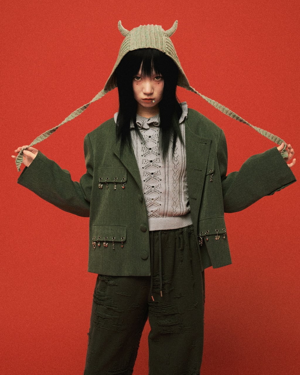 ノーカラーチャームジャケット　GRAY