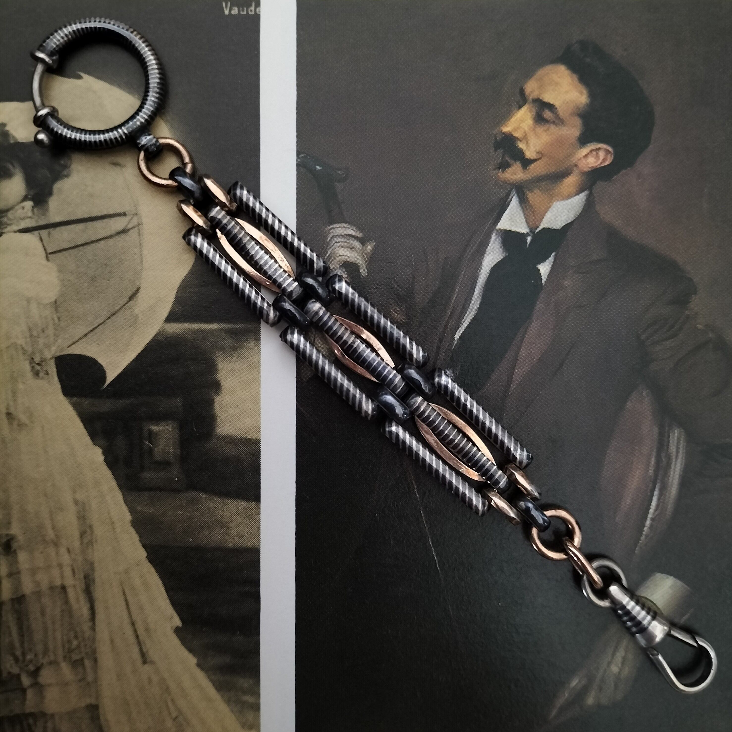 Antique Silver Niello Pocket Watch Fob Chain