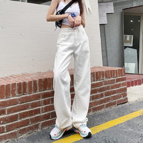 ホワイト ワイドパンツ デニムパンツ レディース 春 新商品 ハイウェスト 着 痩せ ゆったり エクストラログ丈 ストレートパンツ モップパンツ