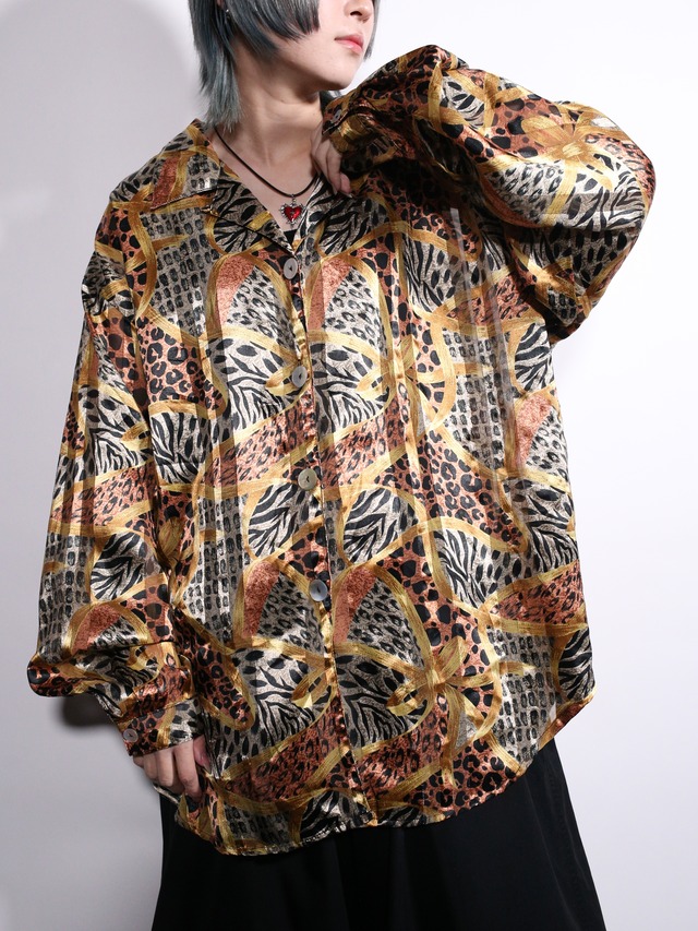 "zebra × leopard" oversize satin sheer shirt