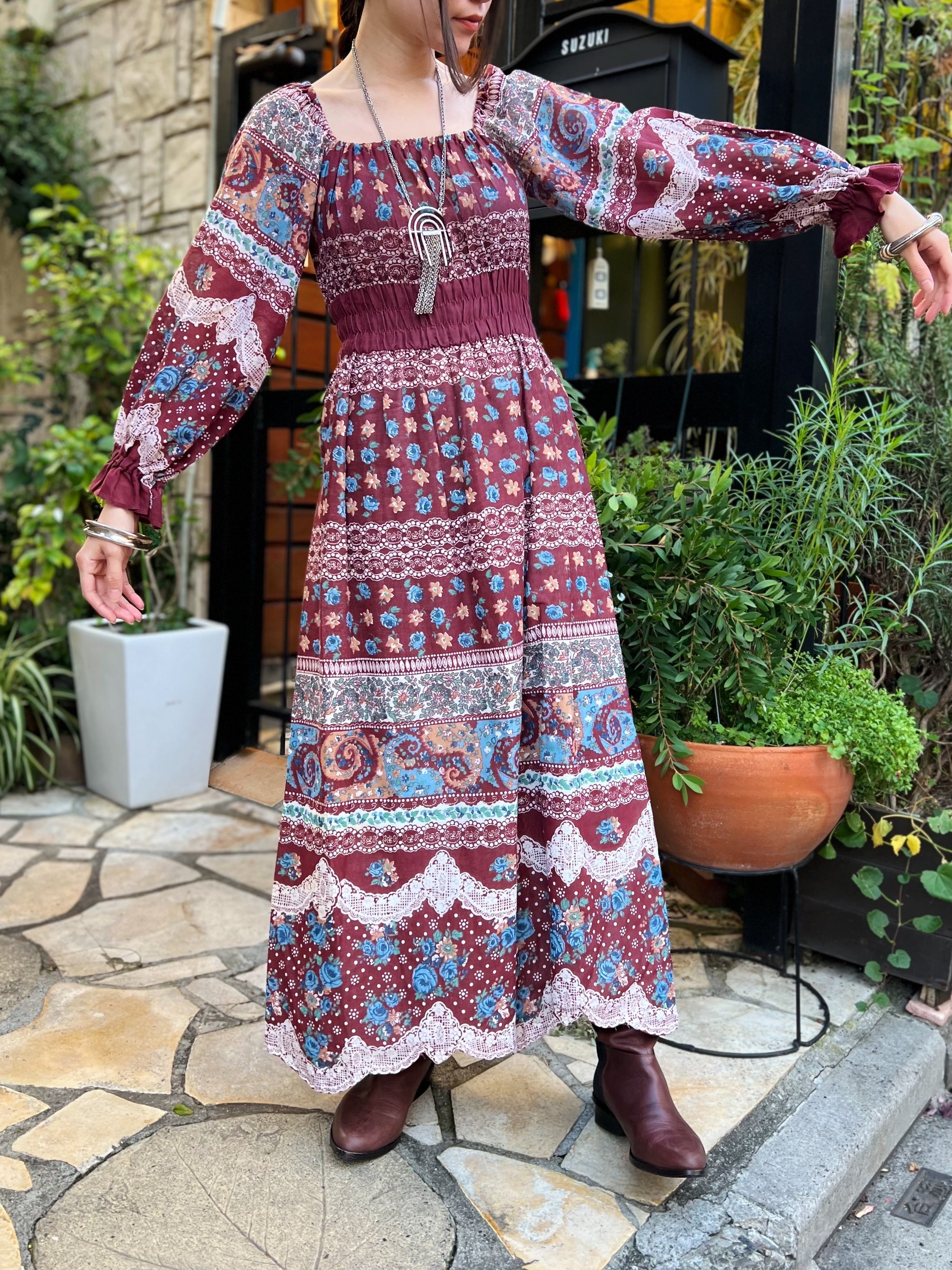 70s Wine Red Floral Lace Cotton Dress ヴィンテージ ワインレッド 花柄 レース コットン ワンピース Riyad Vintage Shop