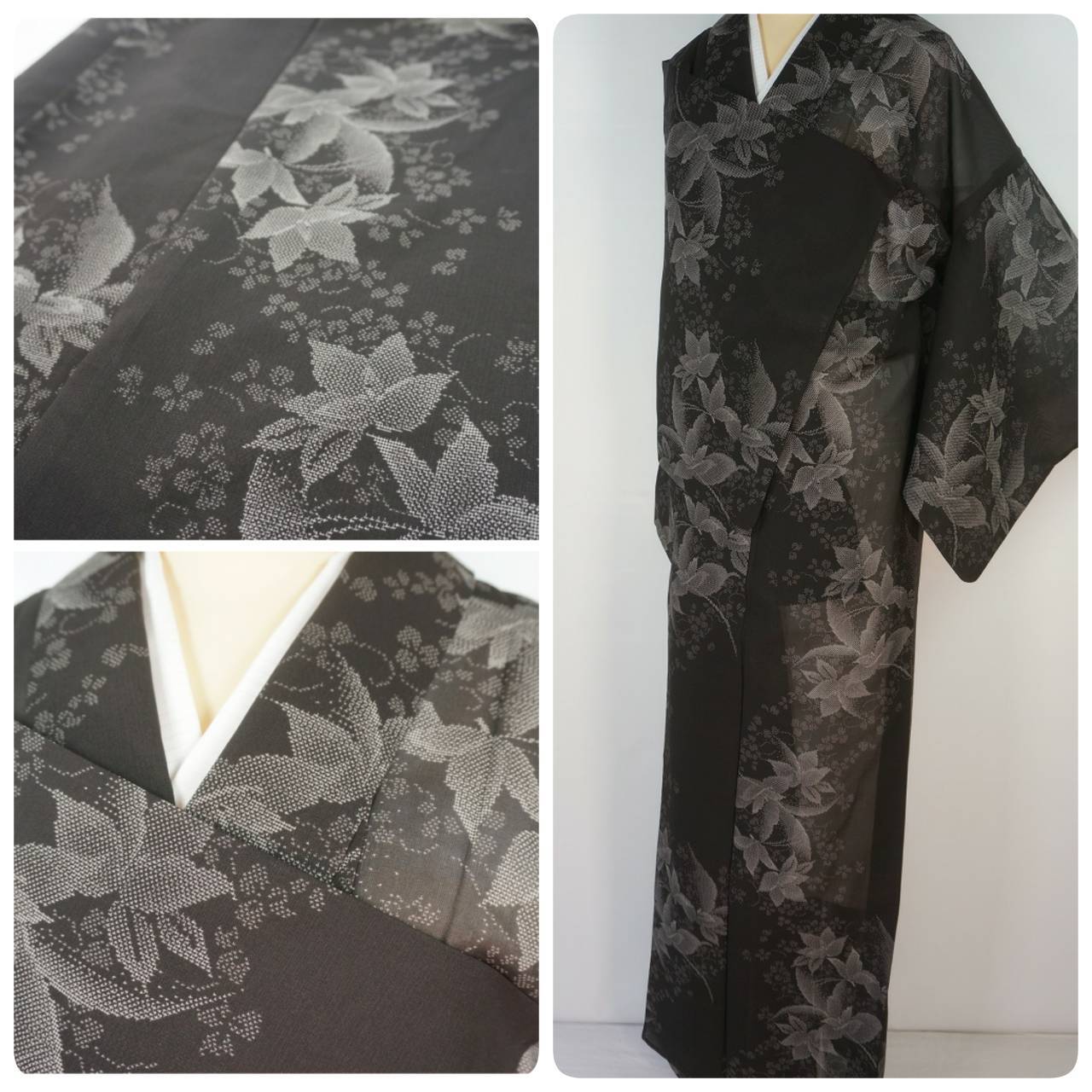 夏大島】鉄線 紗紬 正絹 黒 グレー 715 | kimono Re:和 [online store