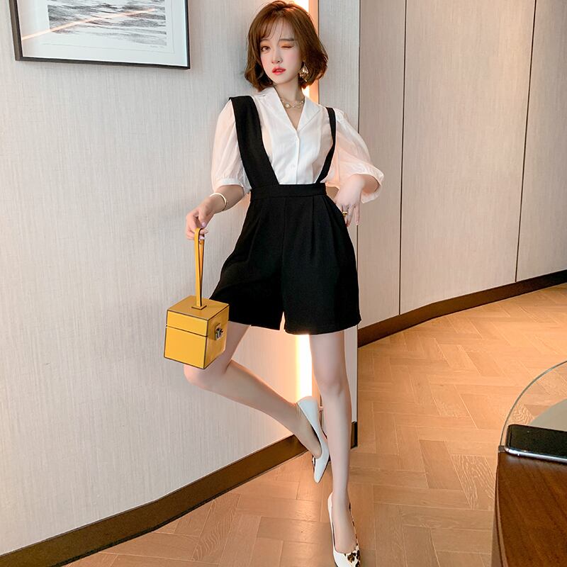 カラースリーブシャツ ハイウェストウェストワイドレッグショーツ サマー ランタンスリーブ 夏物 ブルマー ワイドパンツ MIUCO73851276790