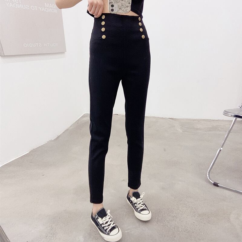 ブラックハイウェストレギンス スプリングメタルバックルスリムパンツ 春物 ミックスインファッション51538409938