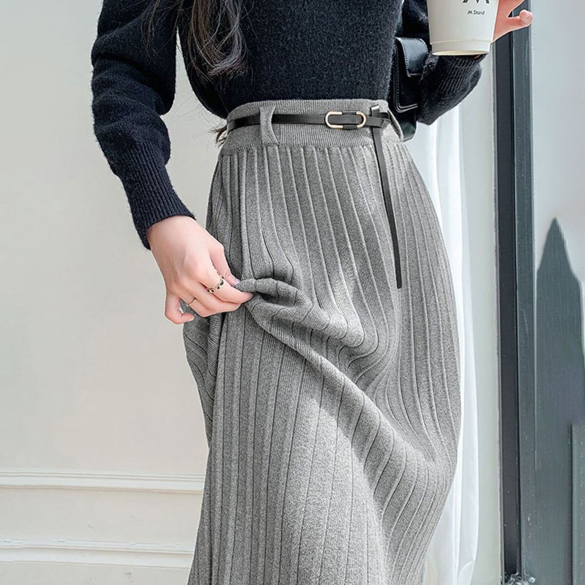 プリーツ ニット スカート レディース 秋冬 韓国 ロングスカート きれいめ 大人 かわいい フェミニン 通勤 ビジネス オフィス シンプル ウエストゴム ハイウエスト ミモレ丈 大人可愛い 大人女子