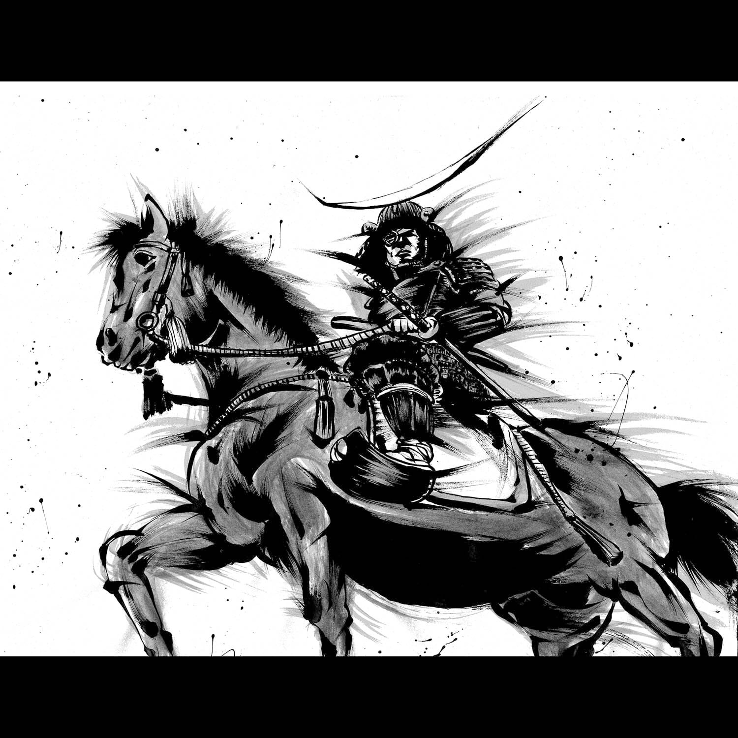 武人画　伊達政宗　こうじょう雅之　直筆原画武士 フレーム付き 一閃』 伊達政宗 ◇三三サイズ 604mm×455mm 715,000JPY Ontax) SOUL OF